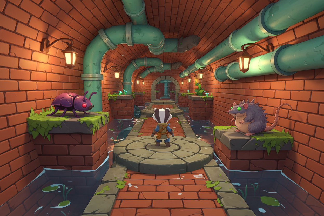Pete stands on a round stone landing in a sunny brick sewer tunnel, with a beetle and a rat on mossy pillars ahead